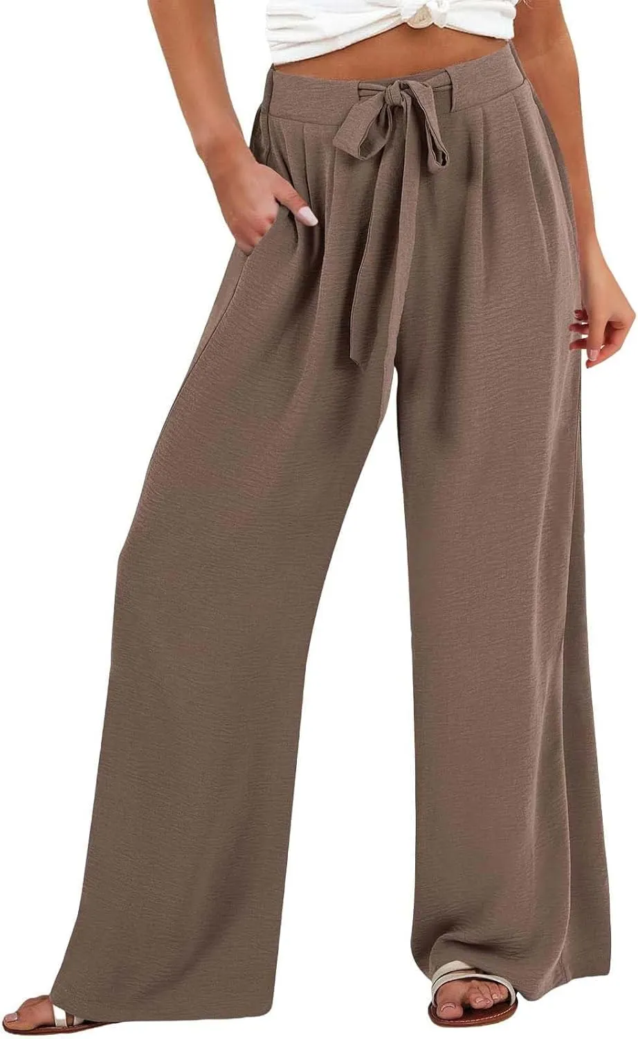 Wide Leg Linen Pants for Women Dressy High Waist Adjustable Knot Palazzo Lounge Trousers Business Work Casual Pants