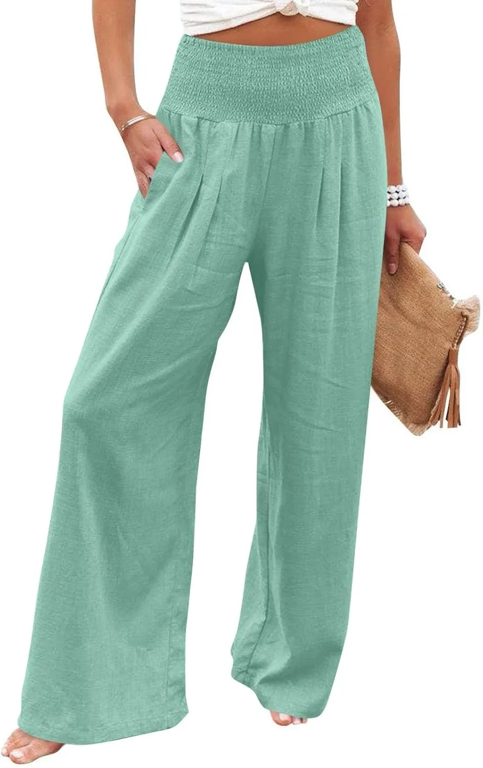 Wide Leg Linen Pants for Women High Waist Summer Palazzo Pants Smocked Elastic Pant Dressy Trouser with Pockets
