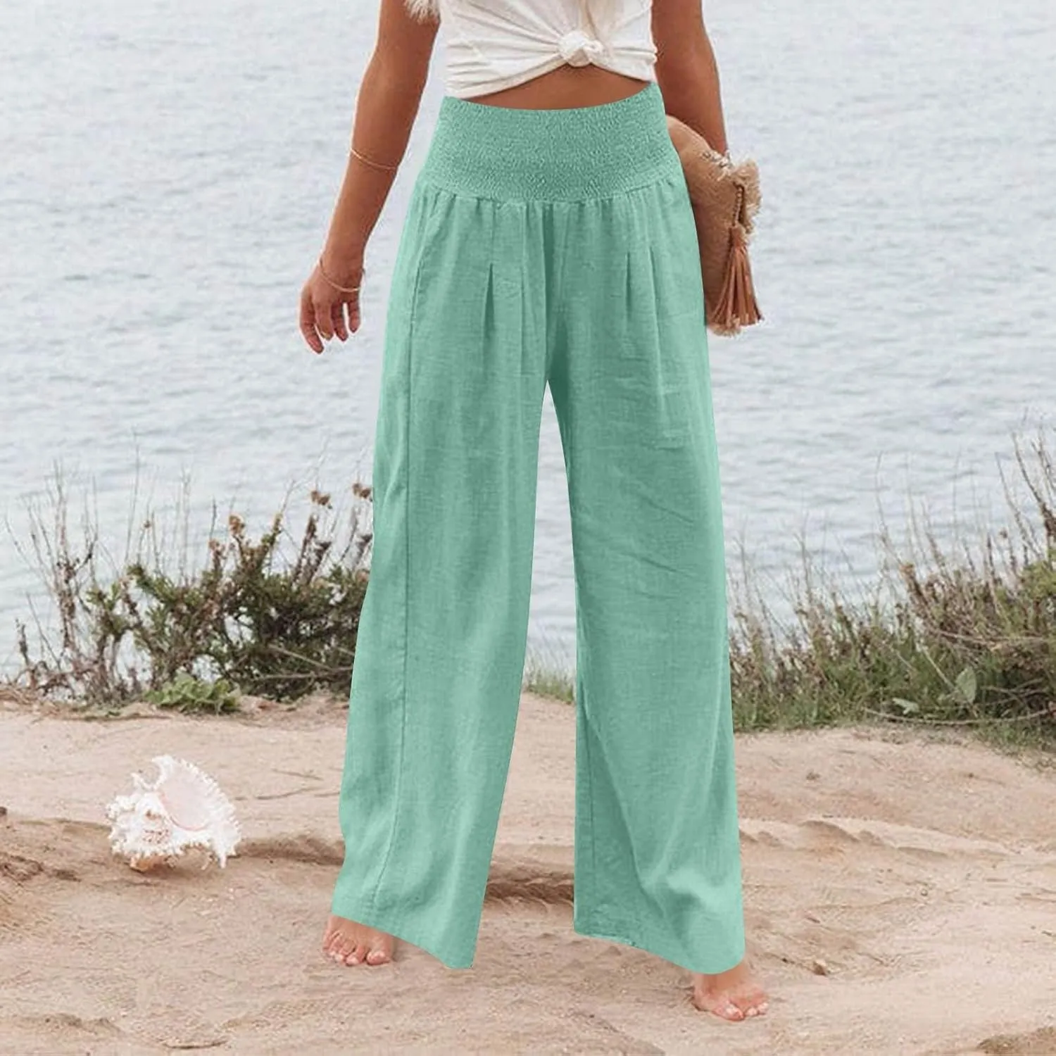 Wide Leg Linen Pants for Women High Waist Summer Palazzo Pants Smocked Elastic Pant Dressy Trouser with Pockets
