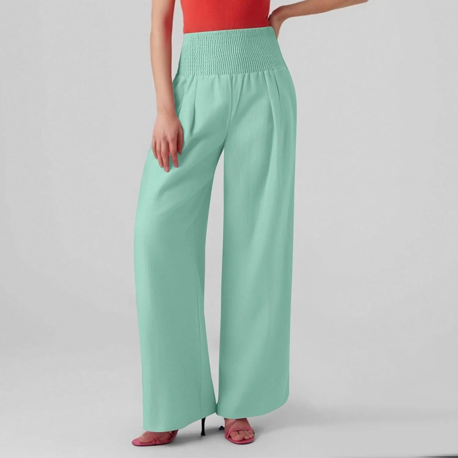 Wide Leg Linen Pants for Women High Waist Summer Palazzo Pants Smocked Elastic Pant Dressy Trouser with Pockets