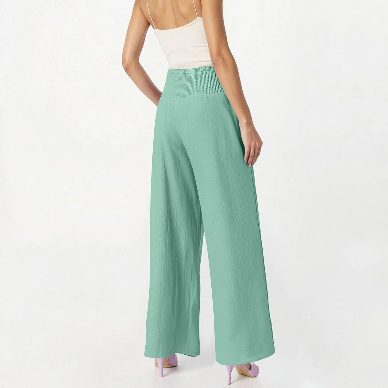 Wide Leg Linen Pants for Women High Waist Summer Palazzo Pants Smocked Elastic Pant Dressy Trouser with Pockets