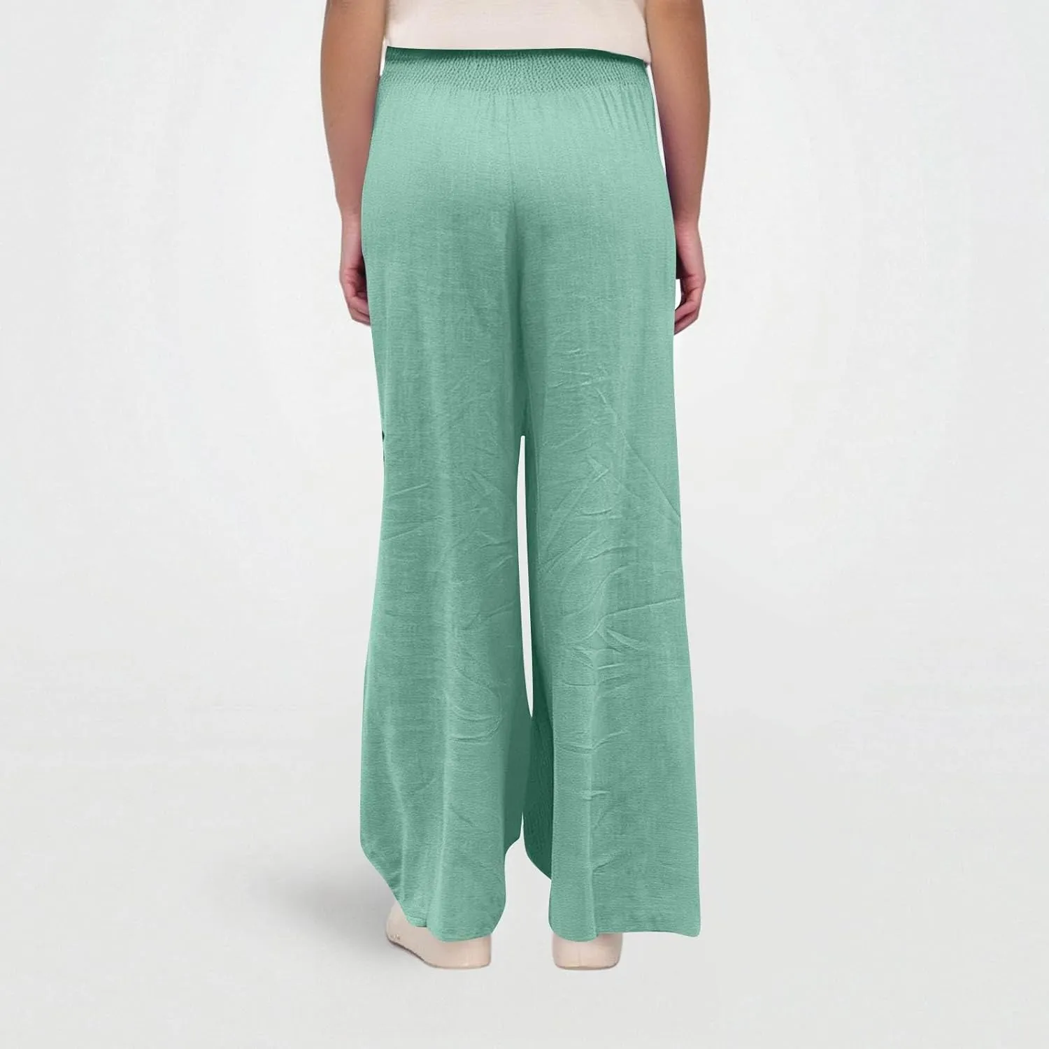 Wide Leg Linen Pants for Women High Waist Summer Palazzo Pants Smocked Elastic Pant Dressy Trouser with Pockets