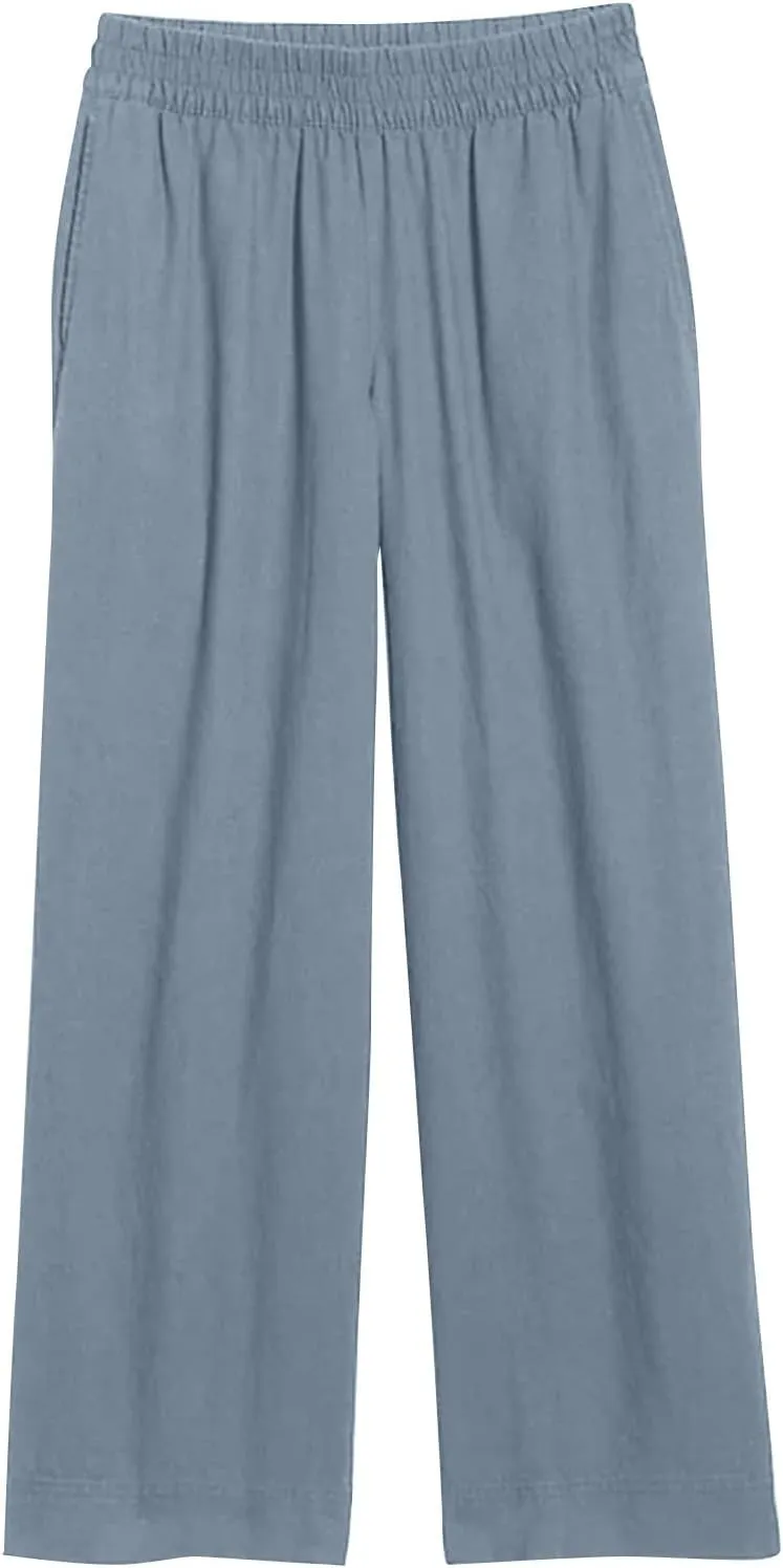 Wide Leg Linen Pants for Women Smocked Elastic High Waisted Palazzo Pants Summer Flowy Beach Trousers with Pockets
