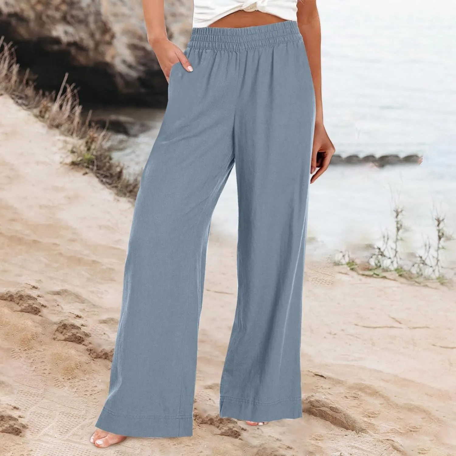 Wide Leg Linen Pants for Women Smocked Elastic High Waisted Palazzo Pants Summer Flowy Beach Trousers with Pockets