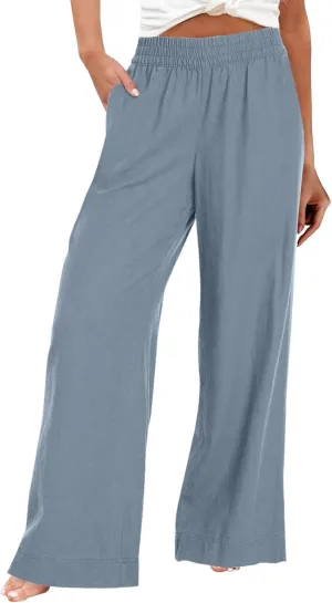 Wide Leg Linen Pants for Women Smocked Elastic High Waisted Palazzo Pants Summer Flowy Beach Trousers with Pockets