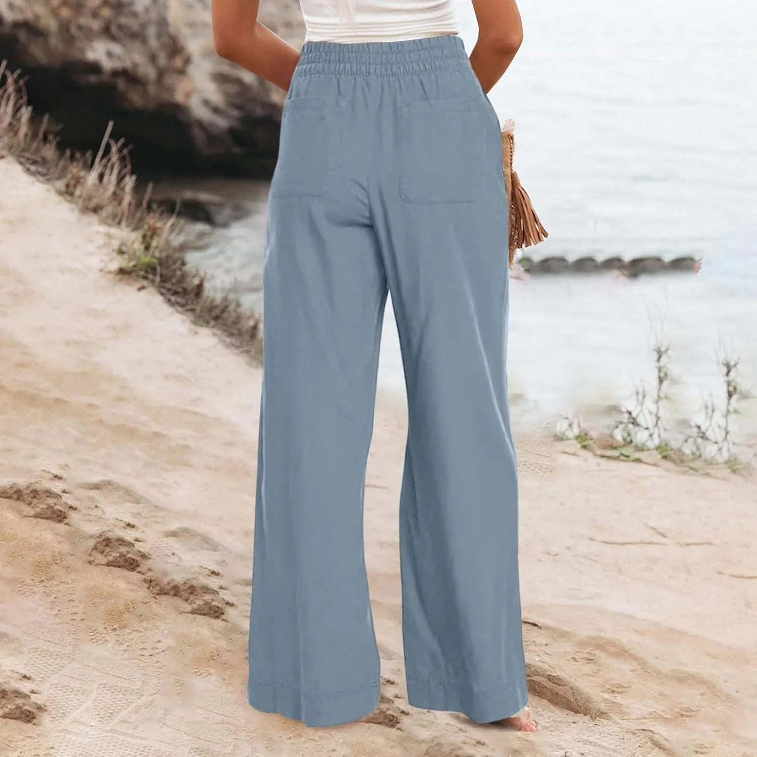 Wide Leg Linen Pants for Women Smocked Elastic High Waisted Palazzo Pants Summer Flowy Beach Trousers with Pockets