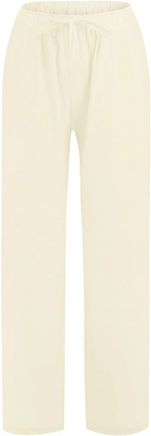 Wide Leg Linen Pants for Women Summer Casual Palazzo Flowy Boho Beach Pants Drawstring High Waist Palazzo Trousers
