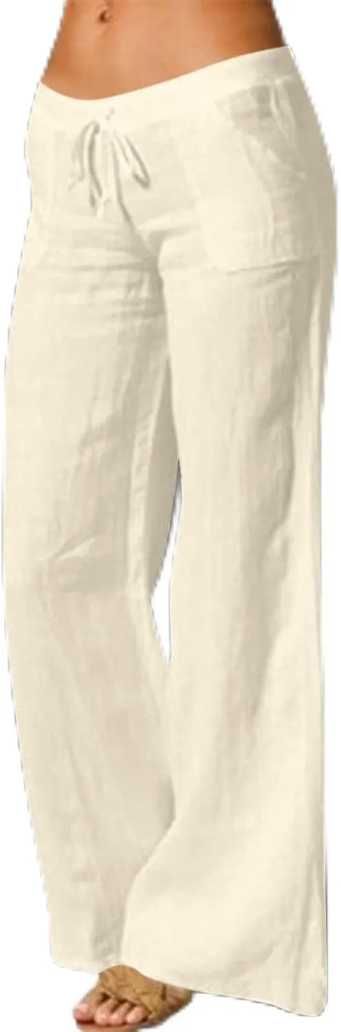 Wide Leg Linen Pants for Women Summer Casual Palazzo Flowy Boho Beach Pants Drawstring High Waist Palazzo Trousers