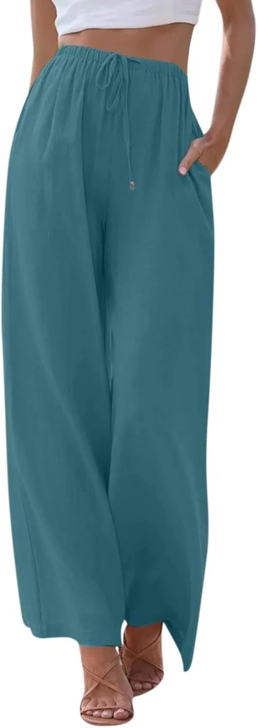 Wide Leg Linen Pants for Women Summer Flowy High Waisted Linen Pants Linen Beach Pants Palazzo Trousers with Pockets