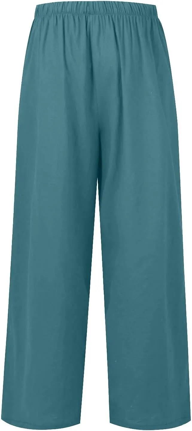 Wide Leg Linen Pants for Women Summer Flowy High Waisted Linen Pants Linen Beach Pants Palazzo Trousers with Pockets
