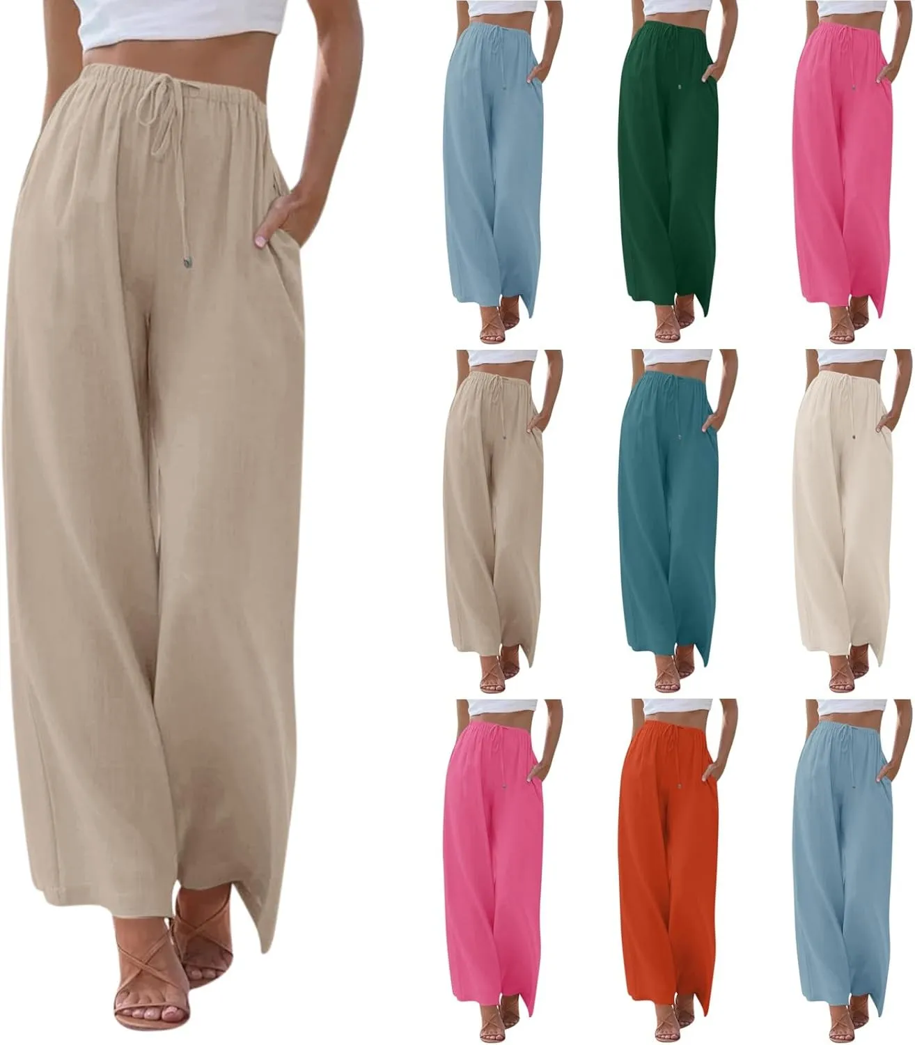 Wide Leg Linen Pants for Women Summer Flowy High Waisted Linen Pants Linen Beach Pants Palazzo Trousers with Pockets