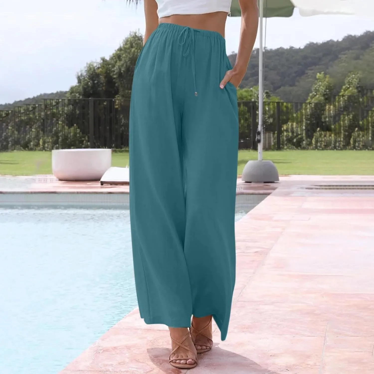 Wide Leg Linen Pants for Women Summer Flowy High Waisted Linen Pants Linen Beach Pants Palazzo Trousers with Pockets