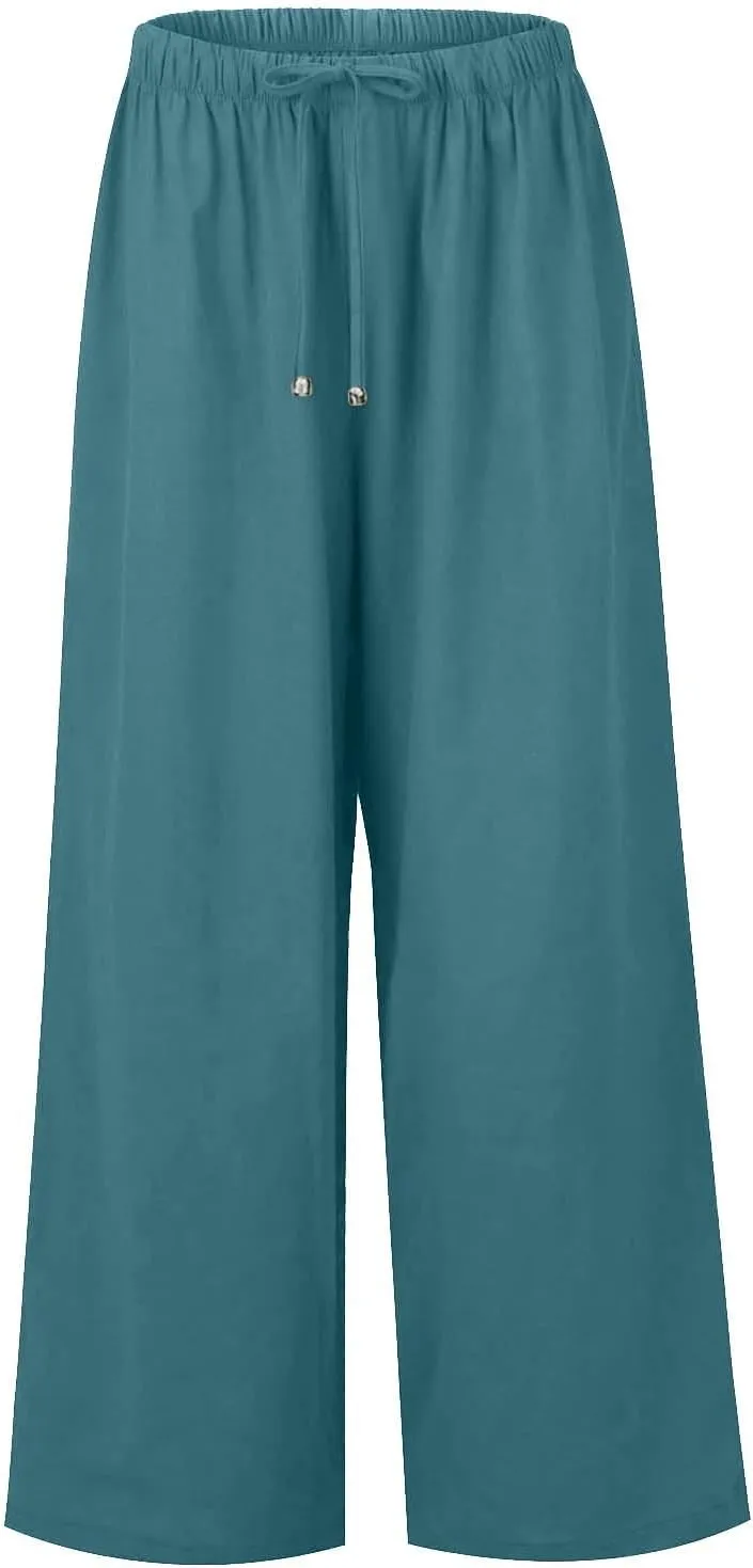 Wide Leg Linen Pants for Women Summer Flowy High Waisted Linen Pants Linen Beach Pants Palazzo Trousers with Pockets