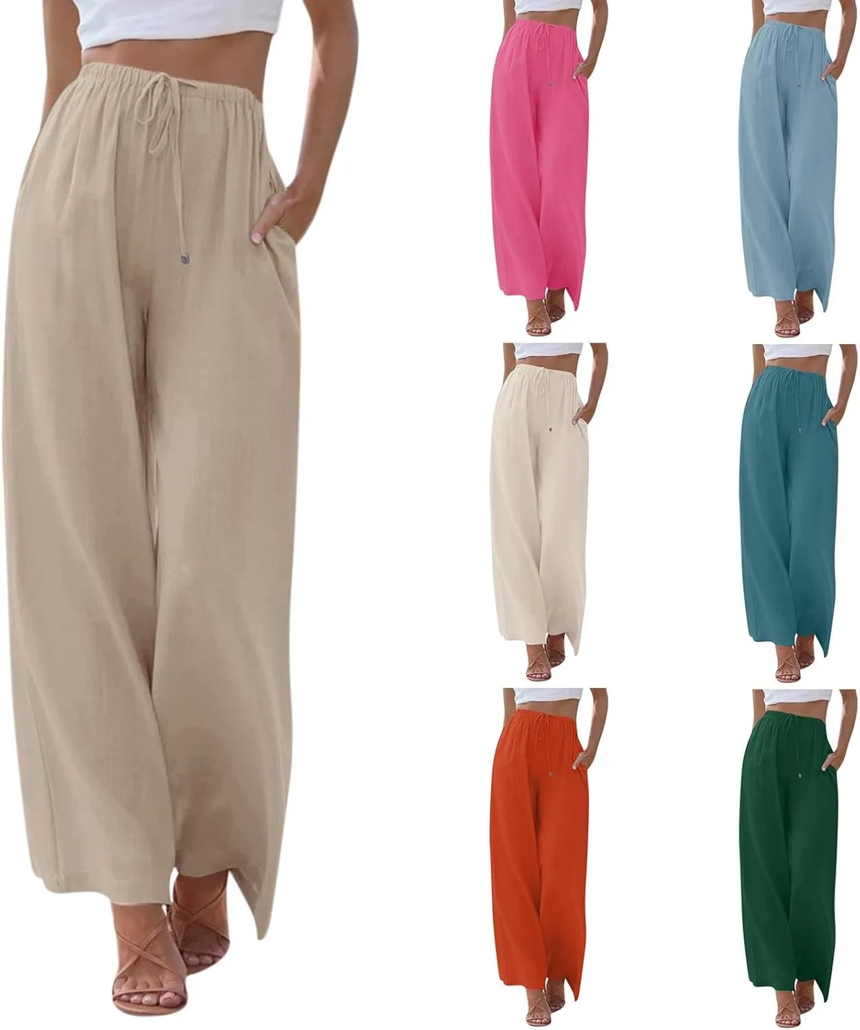 Wide Leg Linen Pants for Women Summer Flowy High Waisted Linen Pants Linen Beach Pants Palazzo Trousers with Pockets