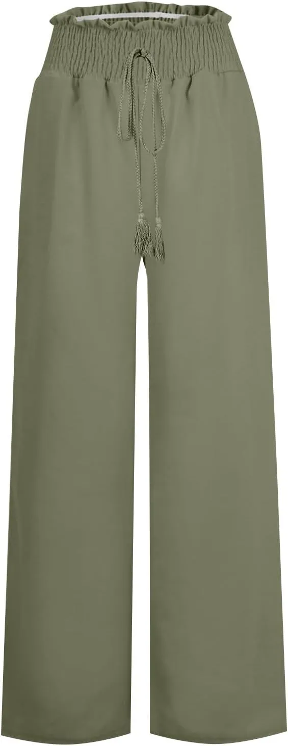 Wide Leg Linen Pants for Women Trendy 2024 Casual Summer High Waist Drawstring Pants Loose Beach Trousers