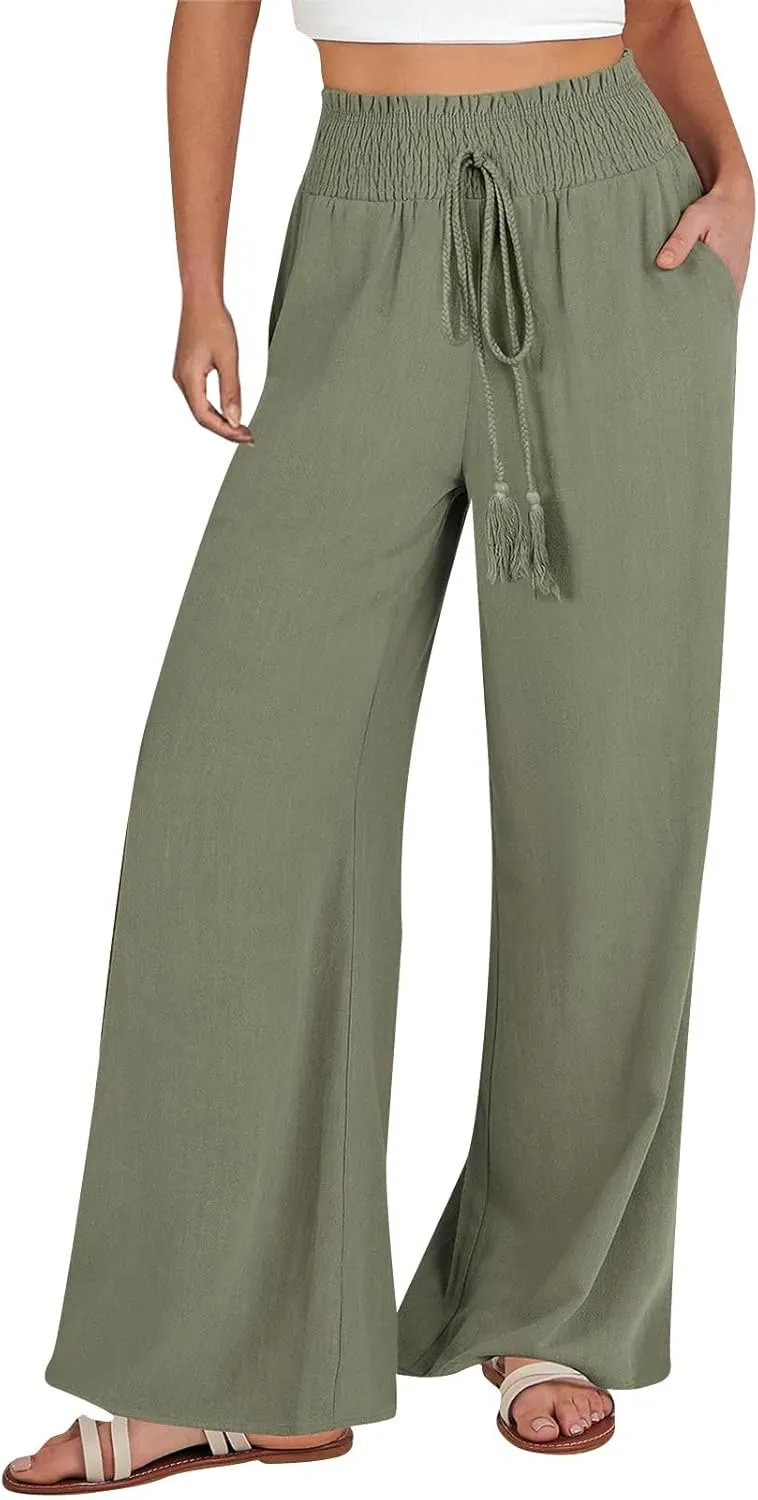 Wide Leg Linen Pants for Women Trendy 2024 Casual Summer High Waist Drawstring Pants Loose Beach Trousers