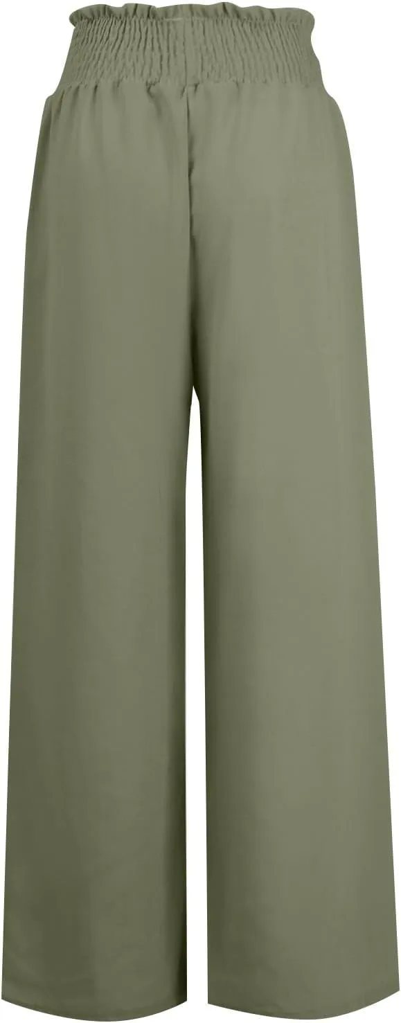 Wide Leg Linen Pants for Women Trendy 2024 Casual Summer High Waist Drawstring Pants Loose Beach Trousers