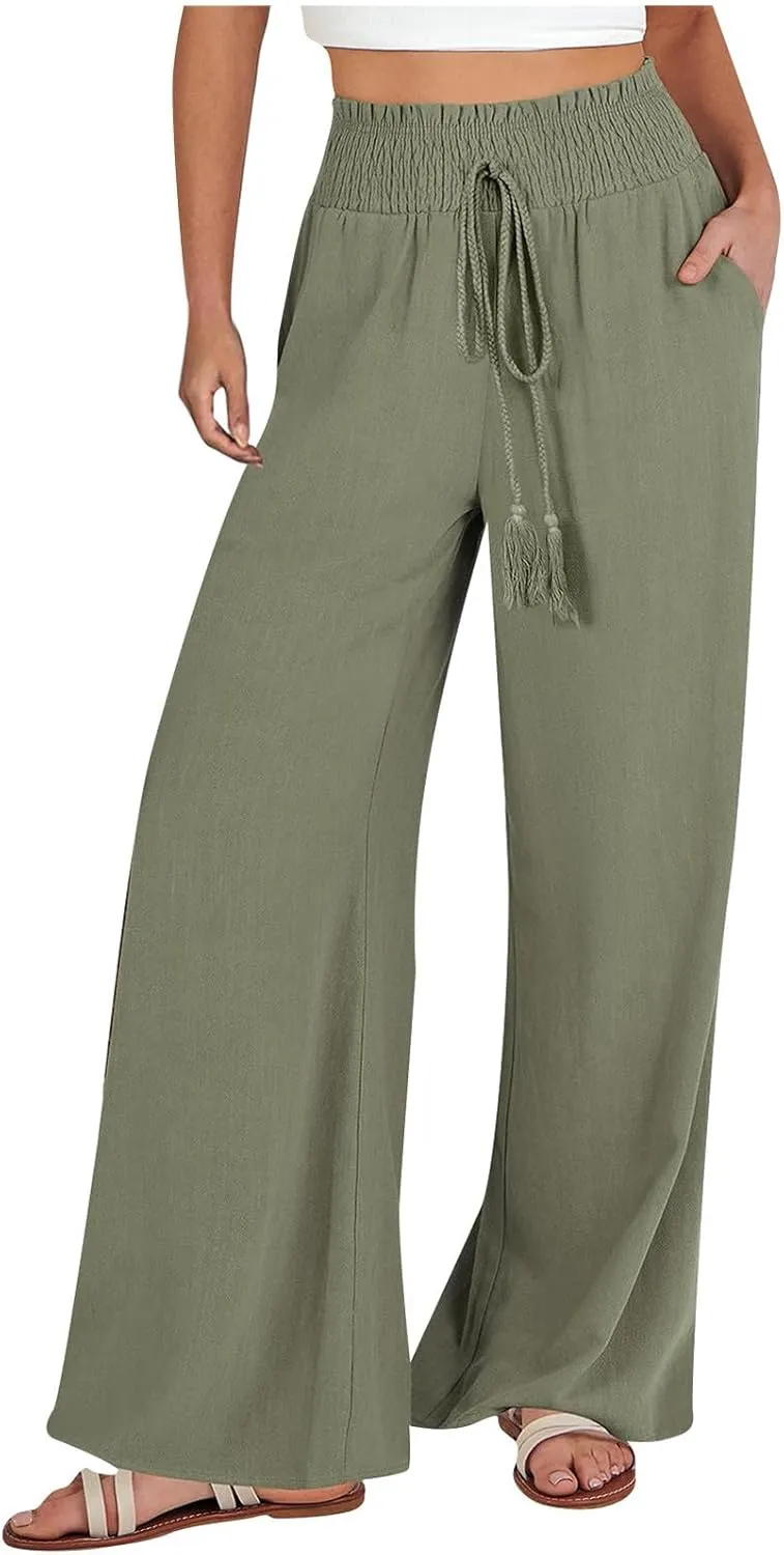 Wide Leg Linen Pants for Women Trendy 2024 Casual Summer High Waist Drawstring Pants Loose Beach Trousers