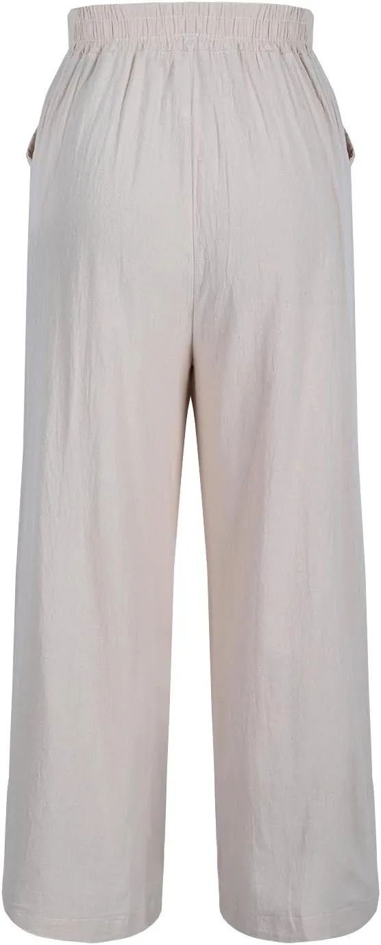 Wide Leg Linen Pants for Women Vintage Floral Embroidered Cropped Trousers High Elastic Waist Summer Beach Pants