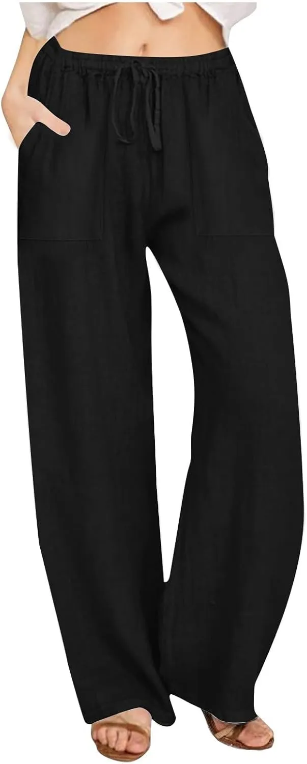 Wide Leg Linen Pants Women Casual Summer Elastic Waist Loose Palazzo Trousers Flowy Beach Lounge Pants with Pockets