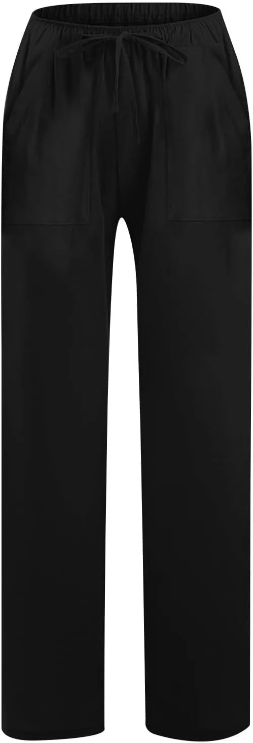 Wide Leg Linen Pants Women Casual Summer Elastic Waist Loose Palazzo Trousers Flowy Beach Lounge Pants with Pockets