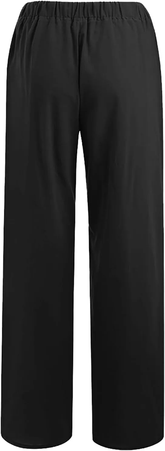 Wide Leg Linen Pants Women Casual Summer Elastic Waist Loose Palazzo Trousers Flowy Beach Lounge Pants with Pockets