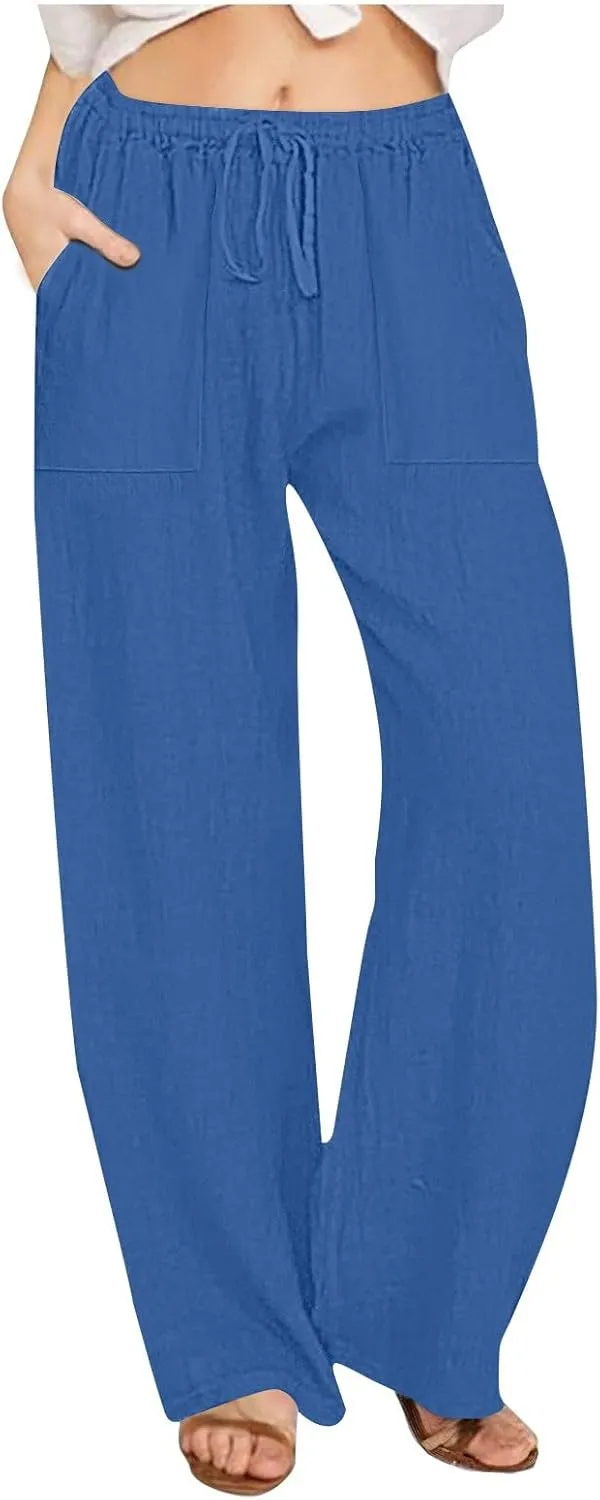 Wide Leg Linen Pants Women Summer Elastic High Waisted Lounge Pants Beach Trouser with Pockets Casual Slacks Clothes