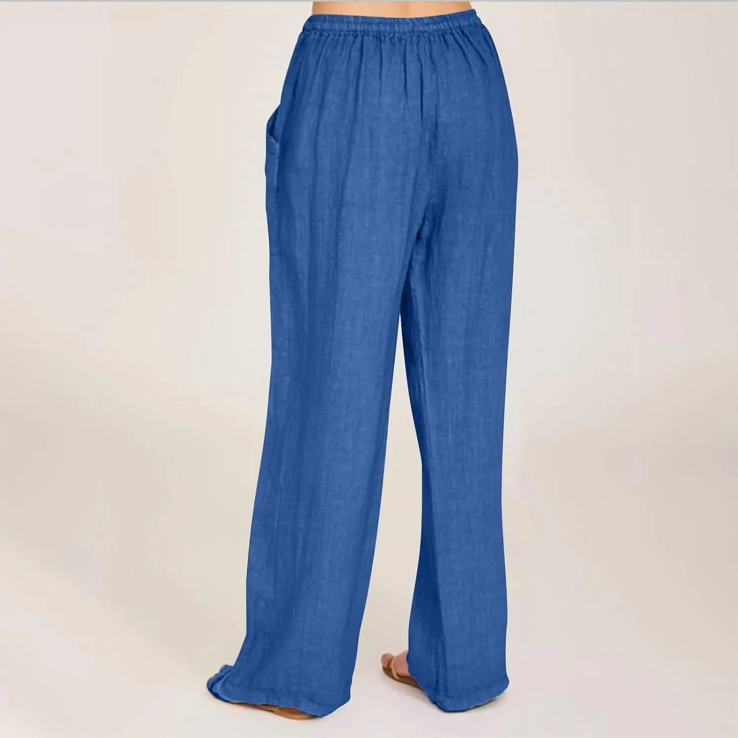 Wide Leg Linen Pants Women Summer Elastic High Waisted Lounge Pants Beach Trouser with Pockets Casual Slacks Clothes