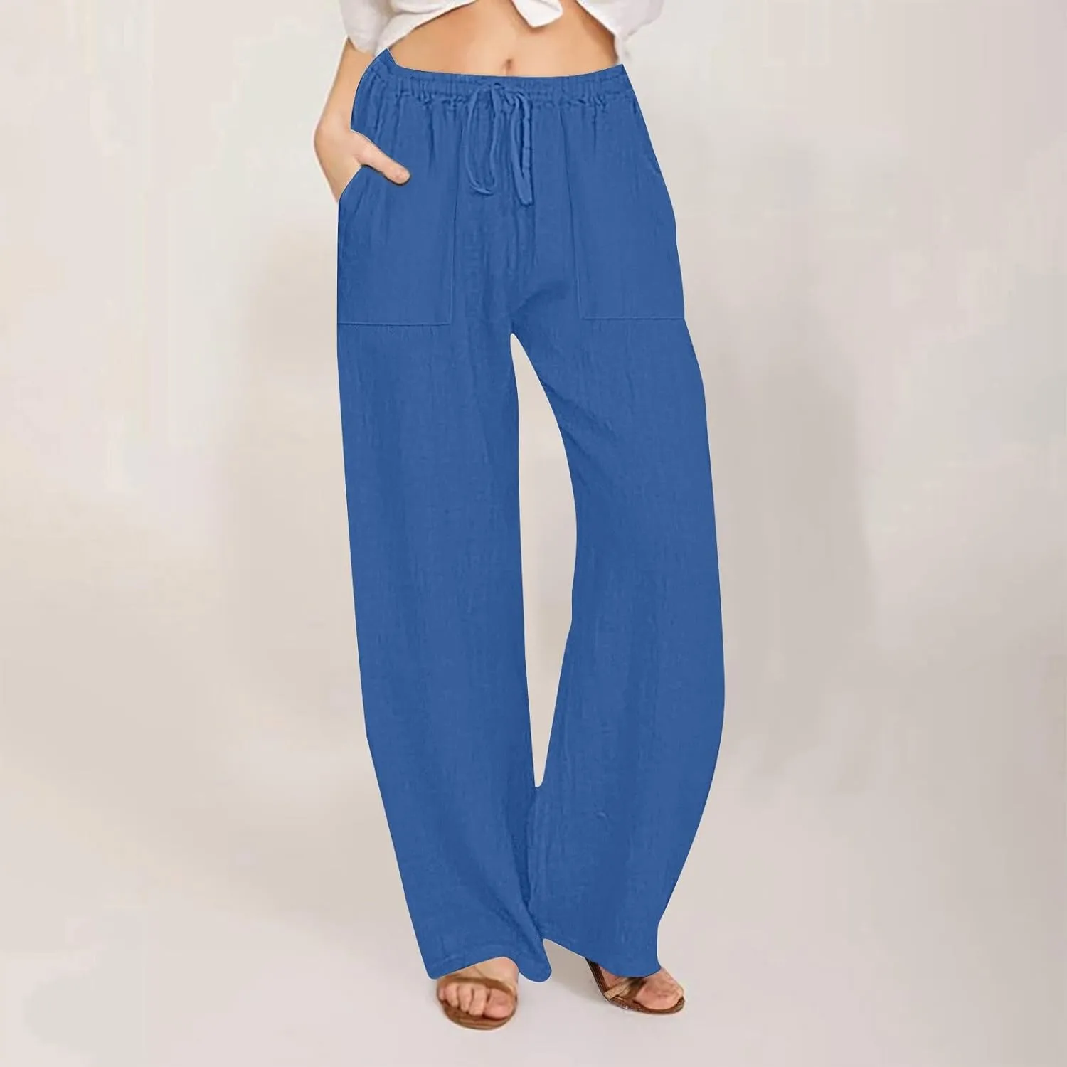 Wide Leg Linen Pants Women Summer Elastic High Waisted Lounge Pants Beach Trouser with Pockets Casual Slacks Clothes