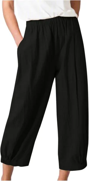 Wide Leg Lounge Pants for Women High Waist Cotton Linen Cropped Pant Dressy Casual Summer Trousers with Pockets