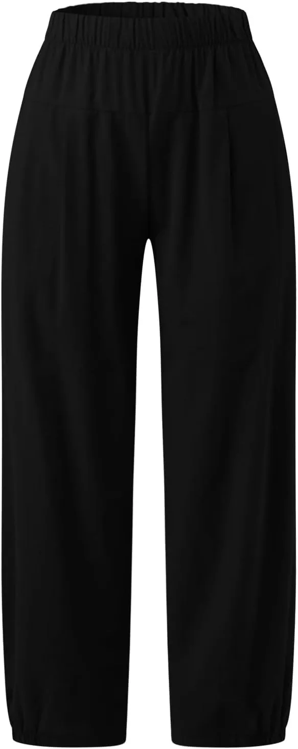 Wide Leg Lounge Pants for Women High Waist Cotton Linen Cropped Pant Dressy Casual Summer Trousers with Pockets