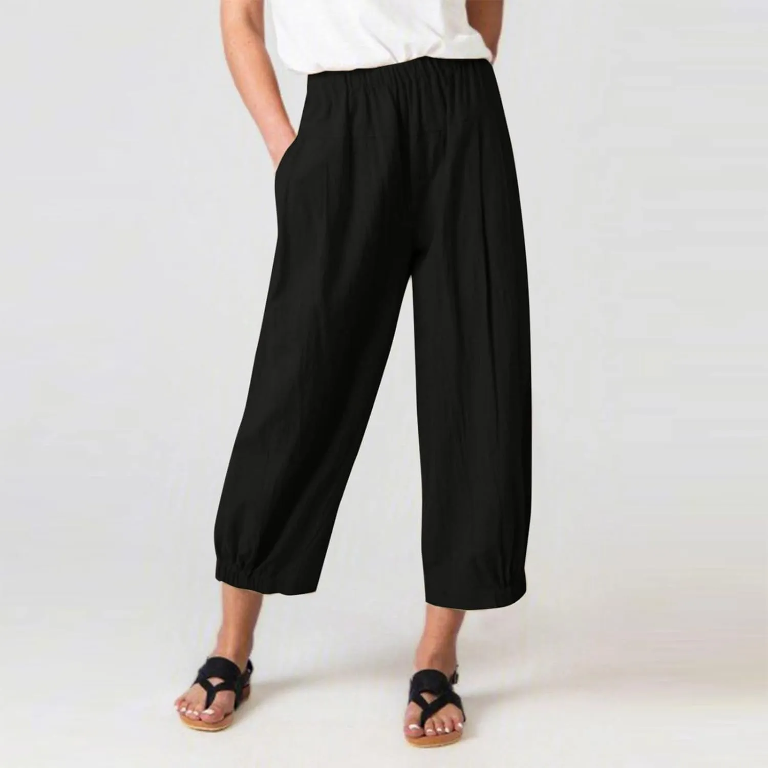 Wide Leg Lounge Pants for Women High Waist Cotton Linen Cropped Pant Dressy Casual Summer Trousers with Pockets