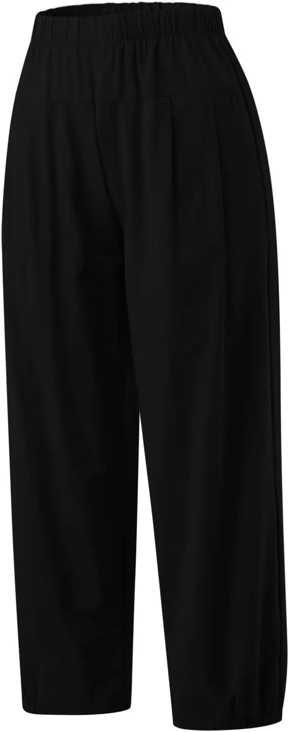 Wide Leg Lounge Pants for Women High Waist Cotton Linen Cropped Pant Dressy Casual Summer Trousers with Pockets