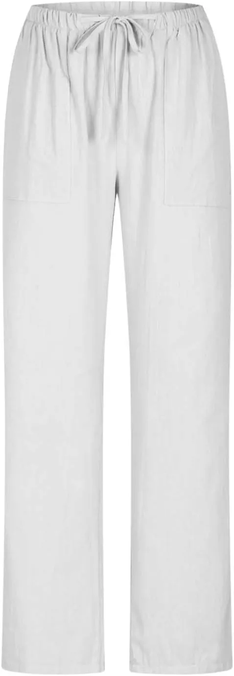 Wide Leg Pants Women Summer 2024 Trendy Straight Leg Pants Cotton Linen Drawstring Elastic Trousers with Pockets
