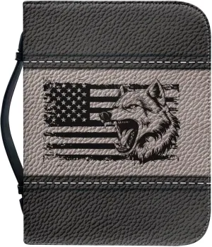Wolf USA Flag Womens Bible Study Case Leather Bible Accessory with Zipper and Handle Unique Church Bag Size M-2XL