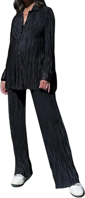 Women 2 Piece Pants Outfits Long Sleeve Button Down Shirts High Waist Long Pants Pleated Casual Summer Loungewear