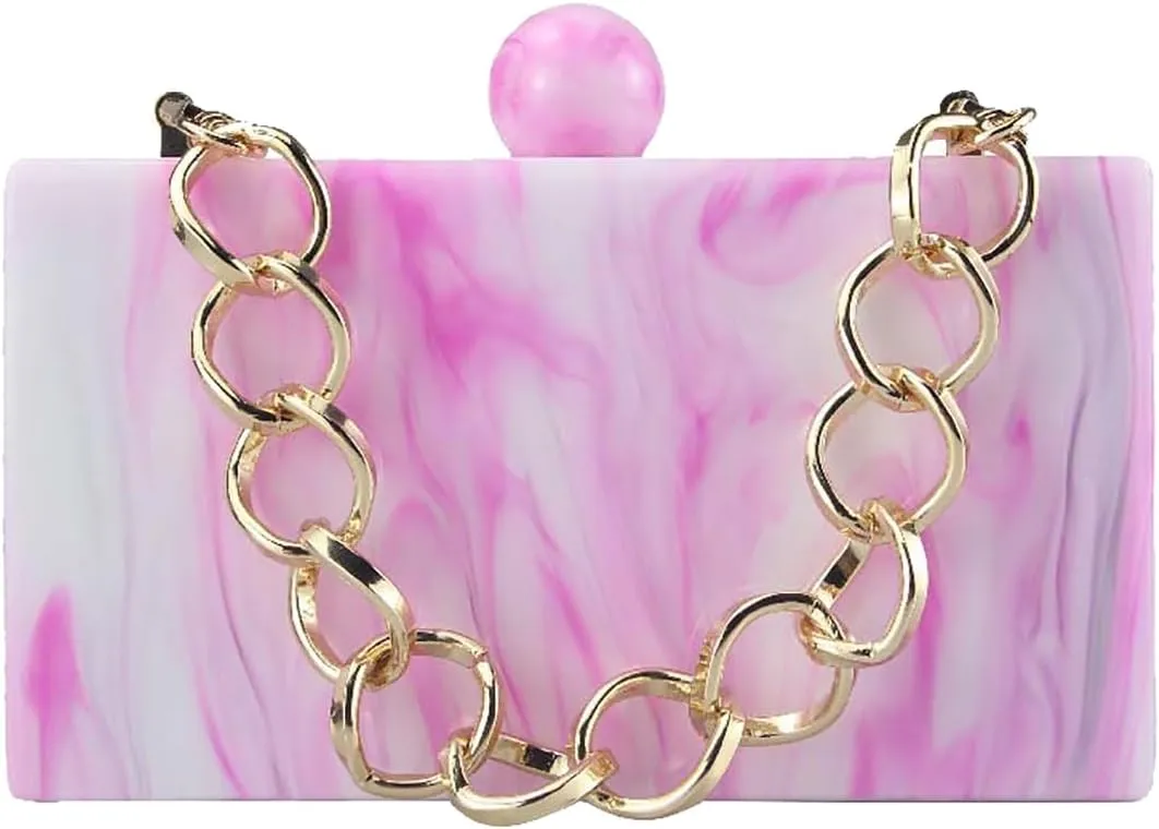 Women Acrylic Clutch Purses Unique Square Shape Marbling Evening Handbag Top Chain Handle for Party Cocktail Banquet