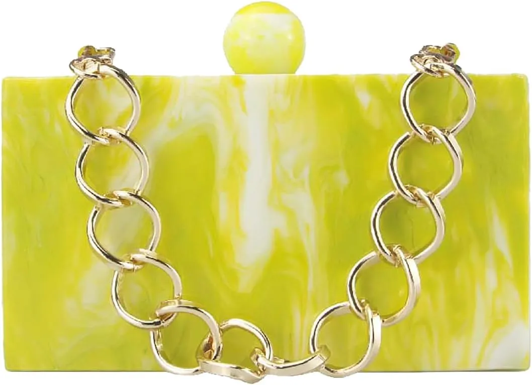 Women Acrylic Clutch Purses Unique Square Shape Marbling Evening Handbag Top Chain Handle for Party Cocktail Banquet