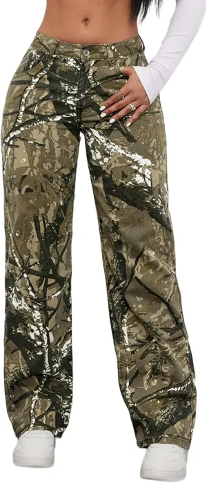 Women Camouflage Cargo Pants Low Waist Baggy Straight Wide Leg Trousers Jeans Slim Fit Pocket Sweatpants