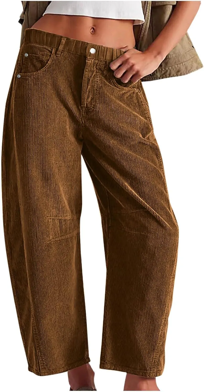 Women Corduroy Pants Barrel Mid-Rise Elastic Waist Slack Trousers Casual Wide Leg Palazzo Pant with Pockets