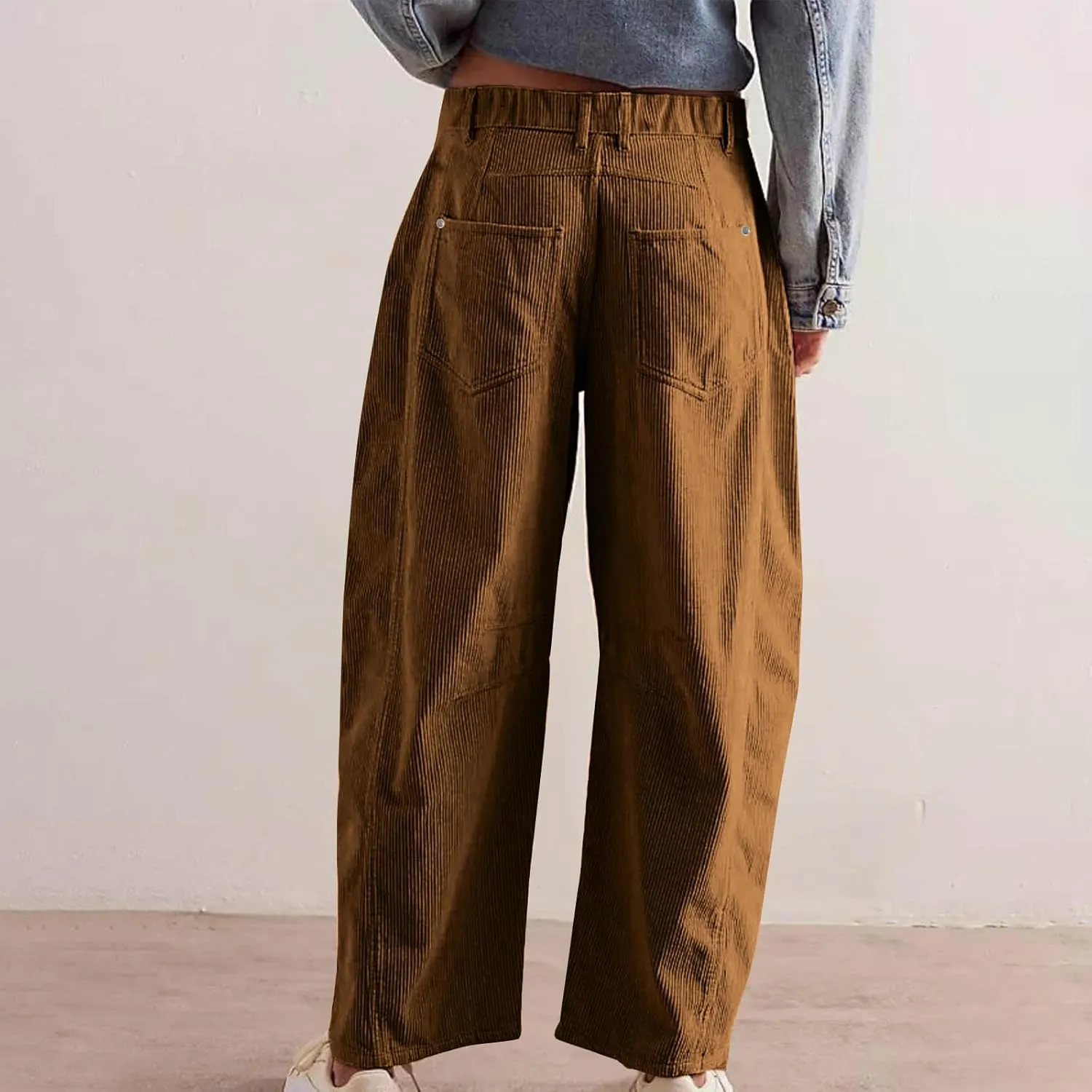 Women Corduroy Pants Barrel Mid-Rise Elastic Waist Slack Trousers Casual Wide Leg Palazzo Pant with Pockets