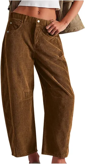 Women Corduroy Pants Barrel Mid-Rise Elastic Waist Slack Trousers Casual Wide Leg Palazzo Pant with Pockets
