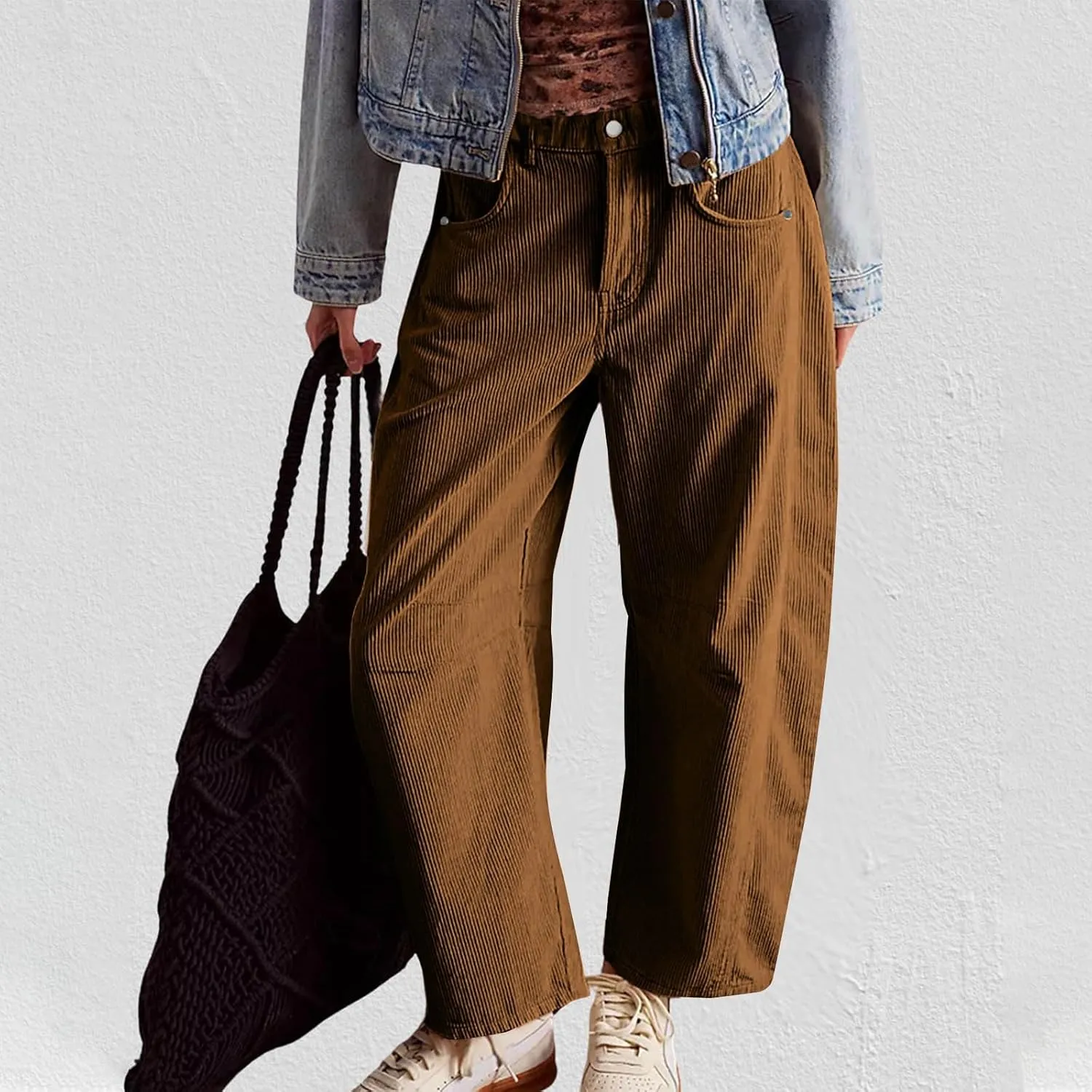 Women Corduroy Pants Barrel Mid-Rise Elastic Waist Slack Trousers Casual Wide Leg Palazzo Pant with Pockets