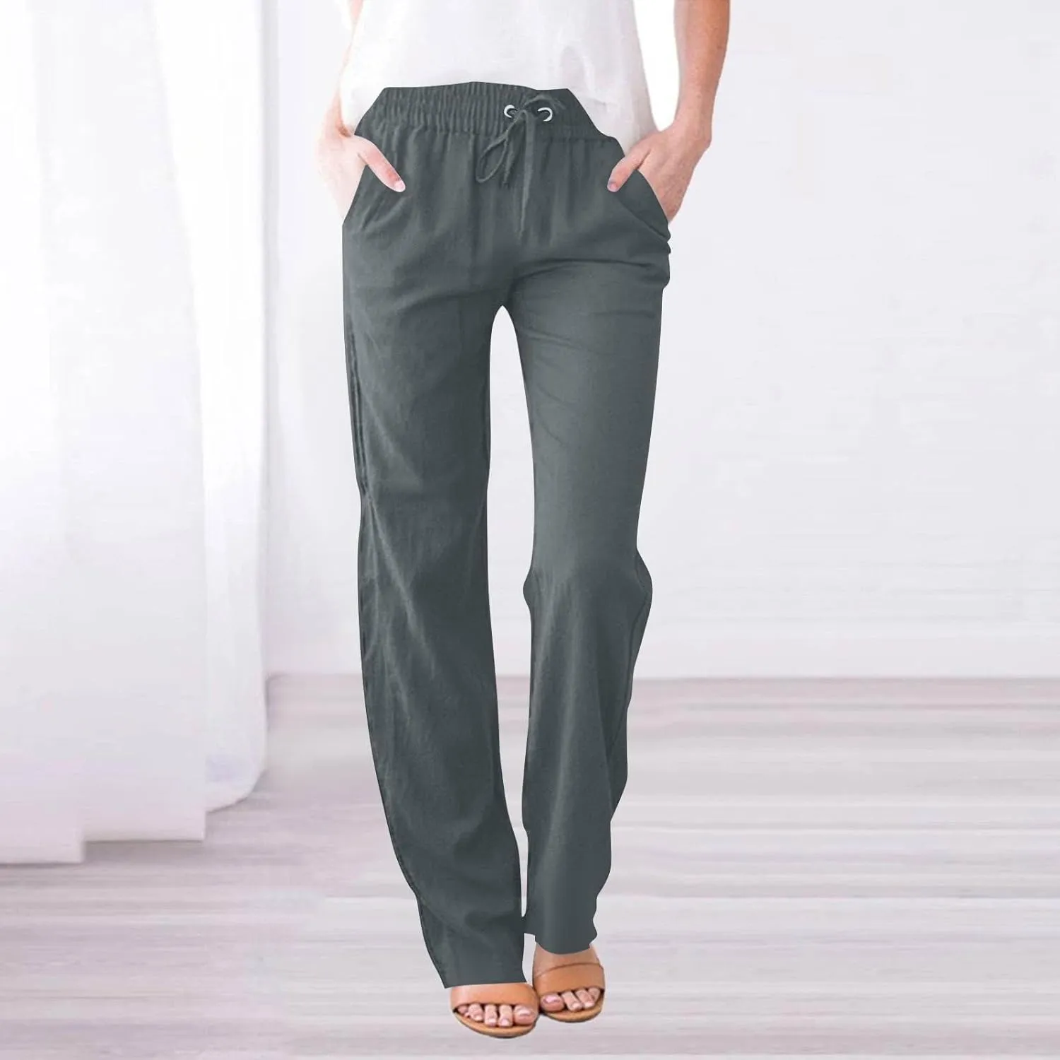 Women Cotton Linen Pants Casual Elastic Drawstring Straight Leg Pants Trousers with Pockets Summer Beach Lounge Pants