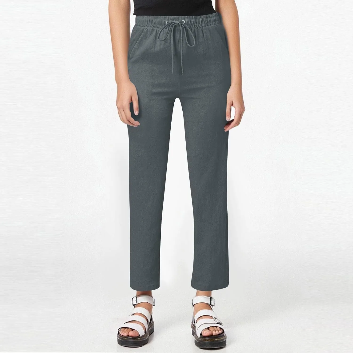 Women Cotton Linen Pants Casual Elastic Drawstring Straight Leg Pants Trousers with Pockets Summer Beach Lounge Pants