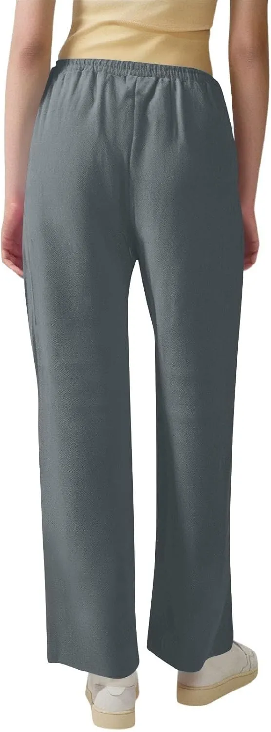 Women Cotton Linen Pants Casual Elastic Drawstring Straight Leg Pants Trousers with Pockets Summer Beach Lounge Pants