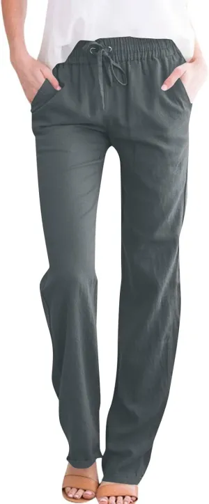 Women Cotton Linen Pants Casual Elastic Drawstring Straight Leg Pants Trousers with Pockets Summer Beach Lounge Pants