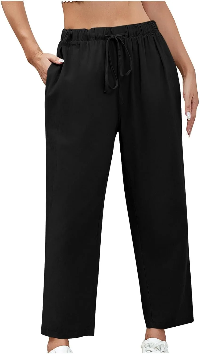 Women Cotton Linen Pants Casual Loose Wide Leg Trousers Summer Drawstring High Waist Pants with Pocket