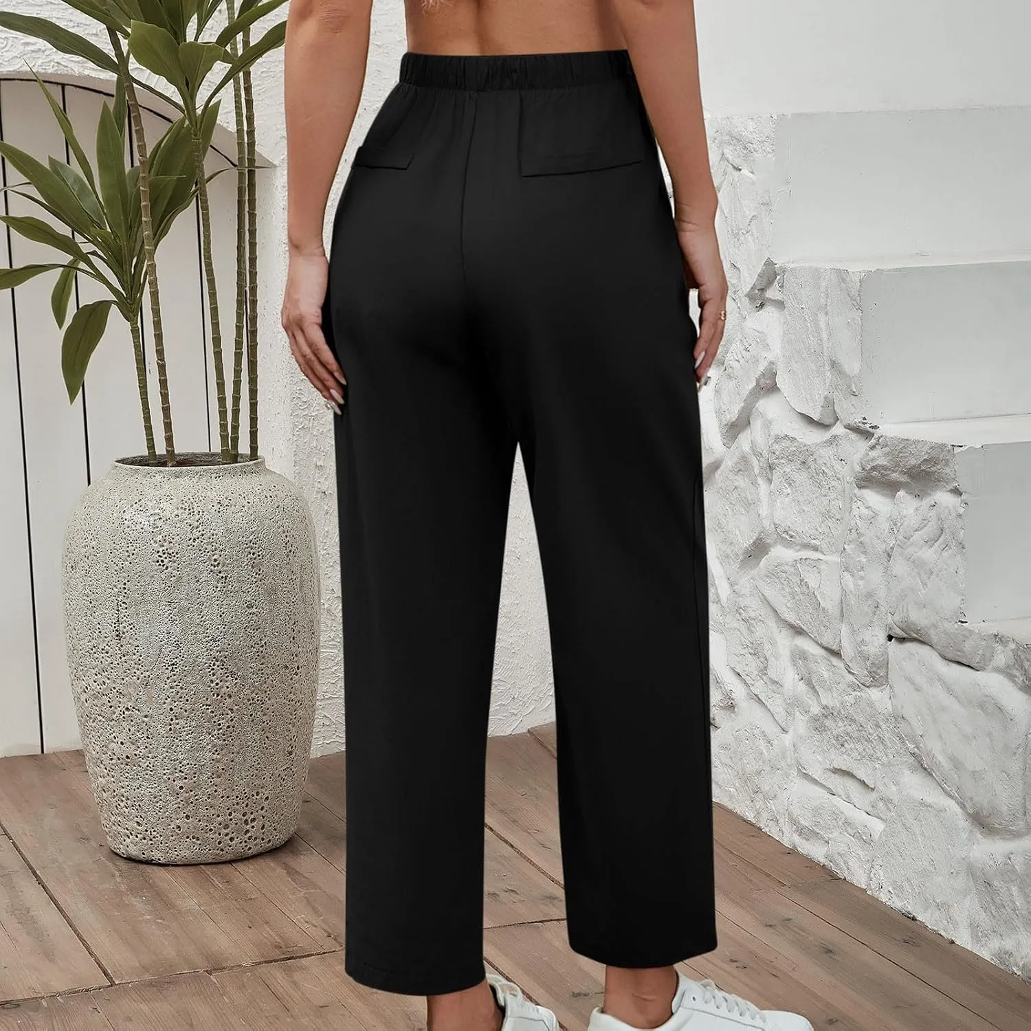 Women Cotton Linen Pants Casual Loose Wide Leg Trousers Summer Drawstring High Waist Pants with Pocket