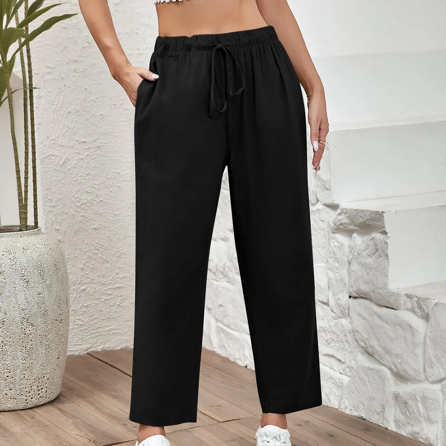 Women Cotton Linen Pants Casual Loose Wide Leg Trousers Summer Drawstring High Waist Pants with Pocket